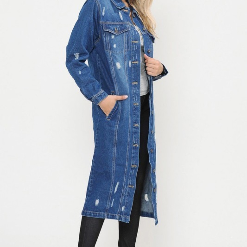 LIGHTLY DISTRESSED LONG DENIM JACKET - Picture 4 of 5